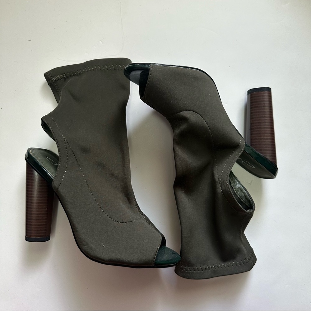 Olive Green High Heel Booties with Peep toe and Wooden Heel